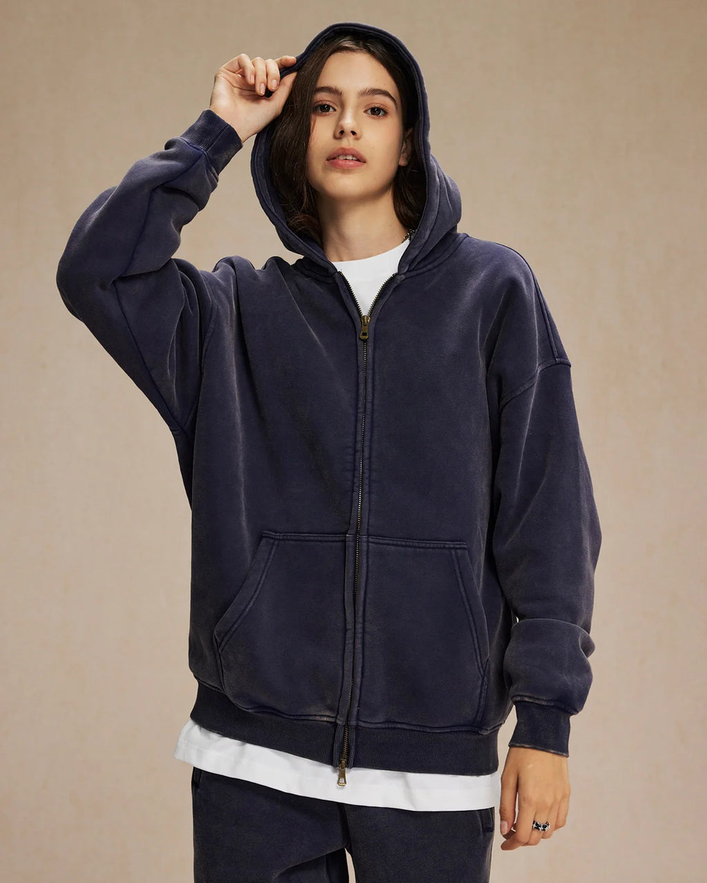 INFLATION Washed Distressed Fleece Zip Up Hoodies